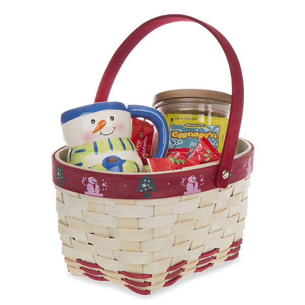 Holiday Snowman and Tree Oblong Woodchip Handle Basket 9in