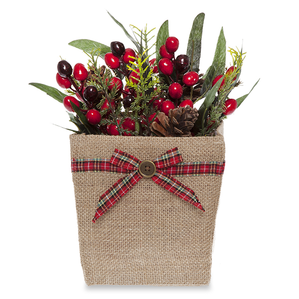 Natural Jute Utility Bag with Holiday Plaid Bow - Medium 5in