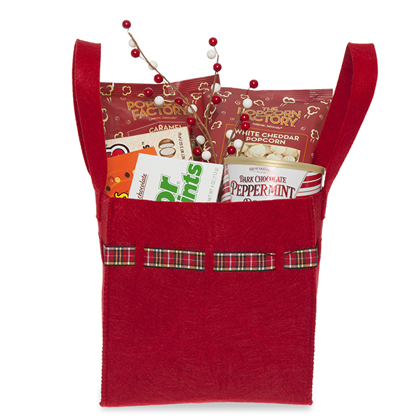 Red Square Felt Handle Bag with Holiday Plaid Trim - Med 8in