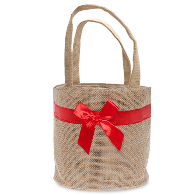 Natural Round Jute Handle Bag with Red Bow - Medium 6in
