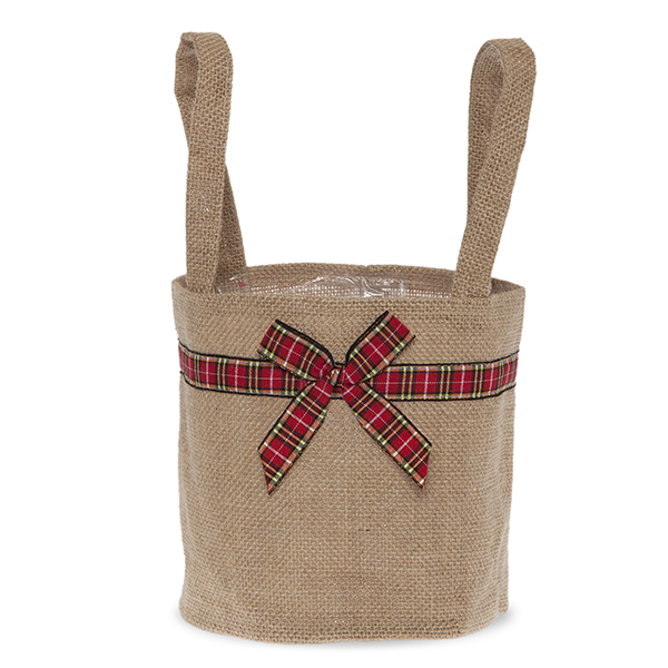 Natural Round Jute Handle Bag with Holiday Plaid Trim - Med 6in