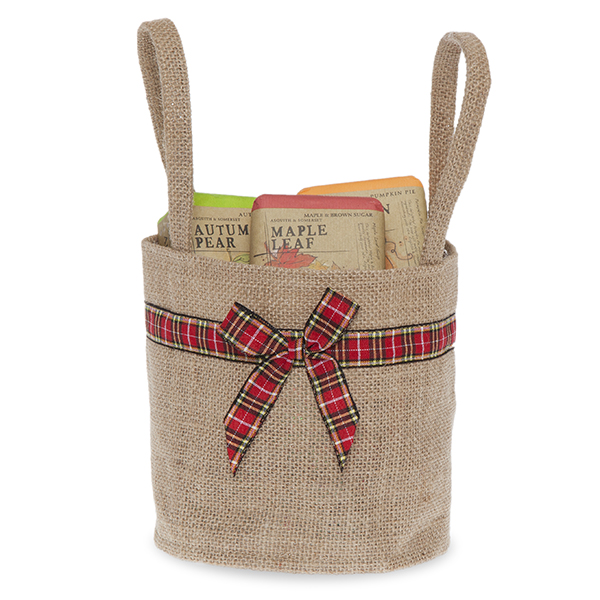 Natural Round Jute Handle Bag with Holiday Plaid Trim - Sm 5in