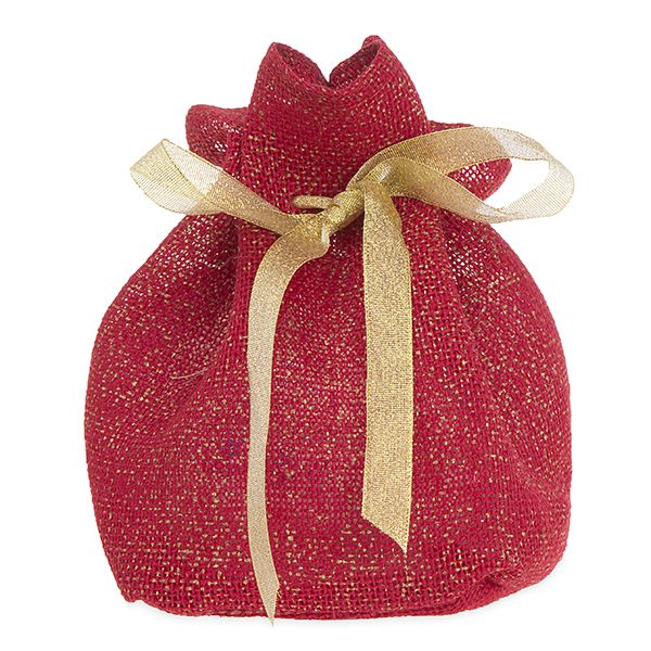 Burlap Sack with Drawstring - Red with Gold Ribbon