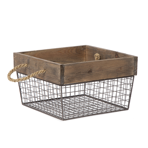 Square Wood and Wire Basket with Rope Handles - Large 10in