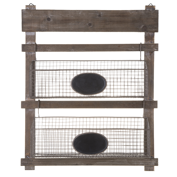 Two Tiered Wooden Hanging Shelf with Wire Planter Baskets