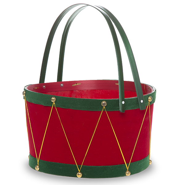 Holiday Drum Red with Green Swing Handle Basket Large 10in