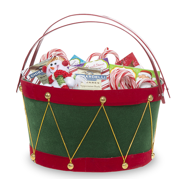 Holiday Drum Green with Red Swing Handle Basket - Med 9in