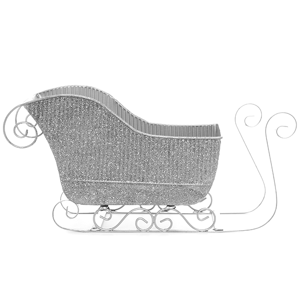 Holiday Silver Sleigh with Glitter - Small 8in