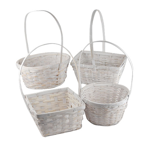 Assorted White Washed Bamboo Handle Baskets - Set of 4