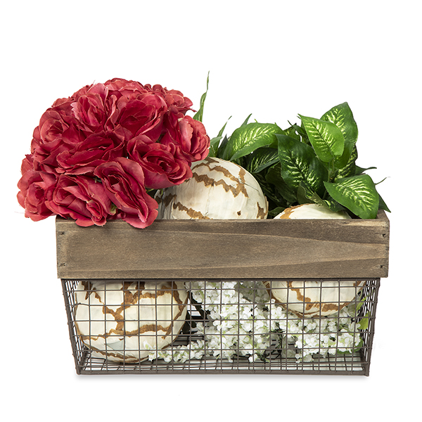 Rect Wood and Wire Basket with Cutout Handles - Med 10in