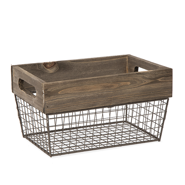 Rect Wood and Wire Basket with Cutout Handles - Small 9in