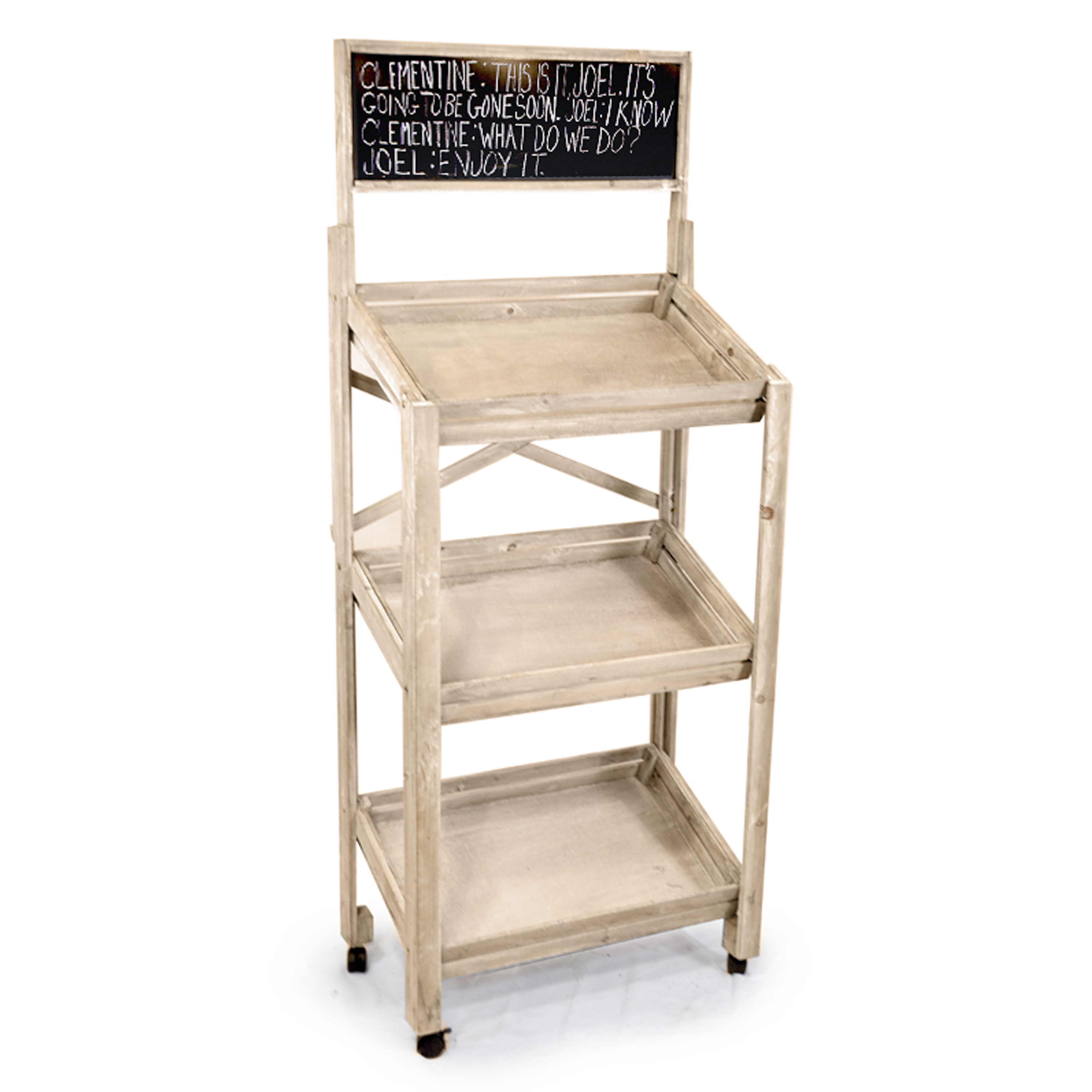 Wooden Three Shelf Display with Chalkboard and Wheels