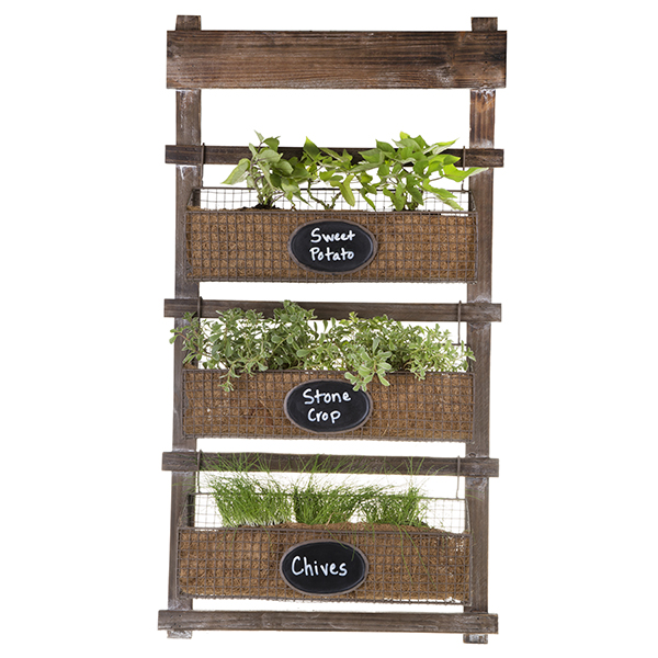 Three Tier Wooden Hanging Shelf with Wire Planter Baskets