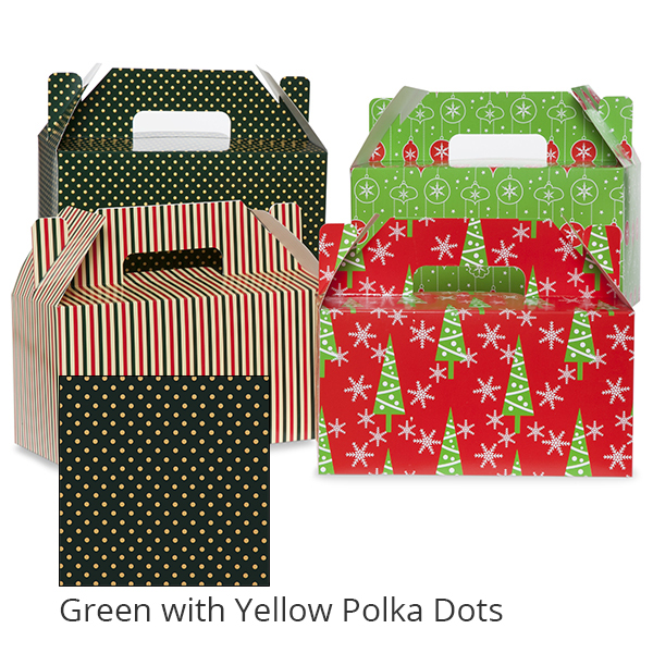 Small Holiday Gable Box 9in- Green with Yellow Polka Dots