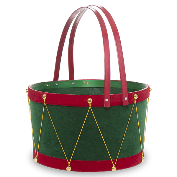 Holiday Drum Red with Green Swing Handle Basket Large 10in