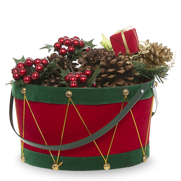 Holiday Drum Green with Red Swing Handle Basket - Med 8in