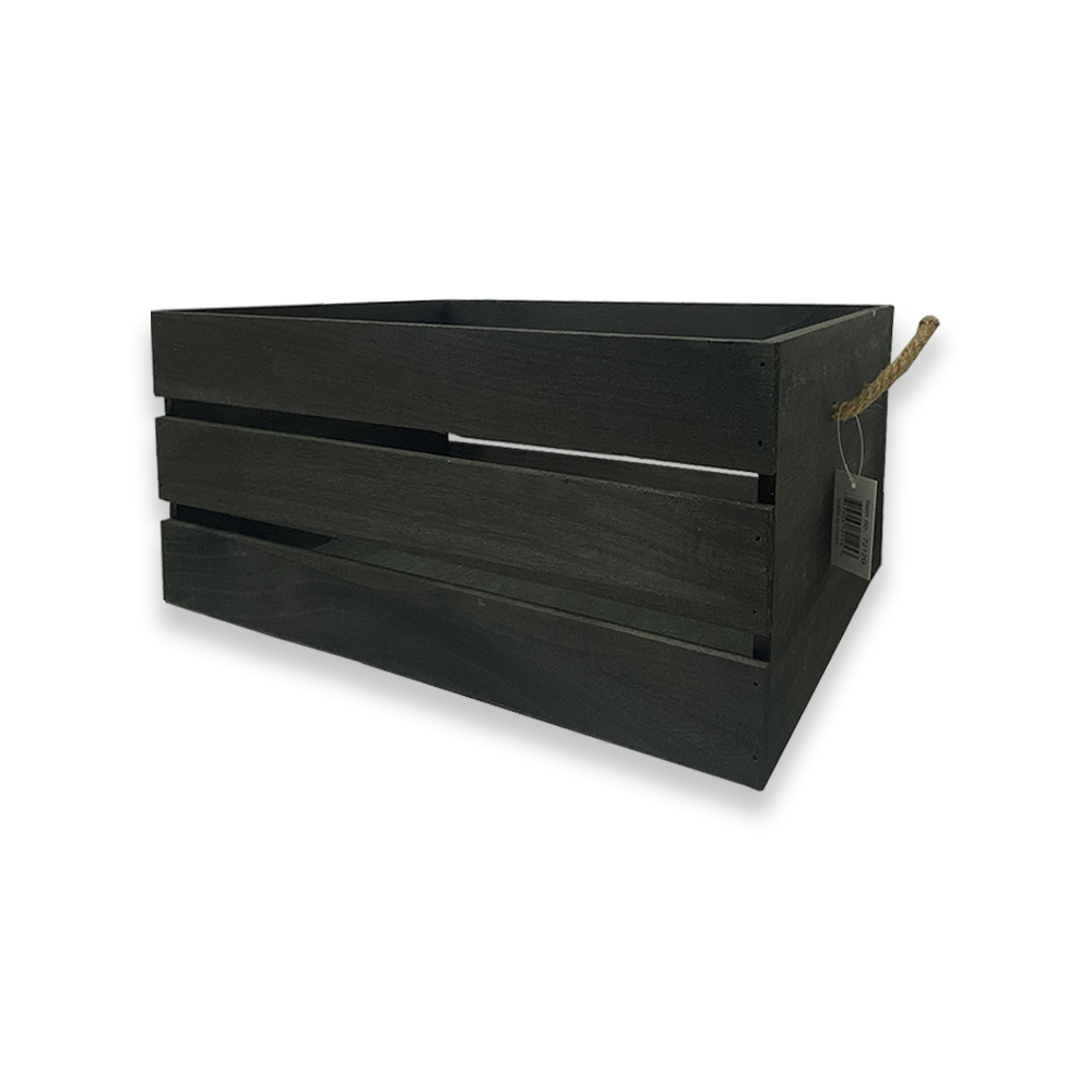 Dark Grey Wooden Crate Storage Box with Rope Handles 15in