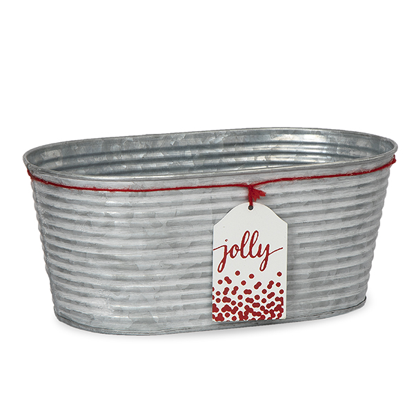 Oblong Galvanized Ridge Container with Holiday Tag - Jolly 10in
