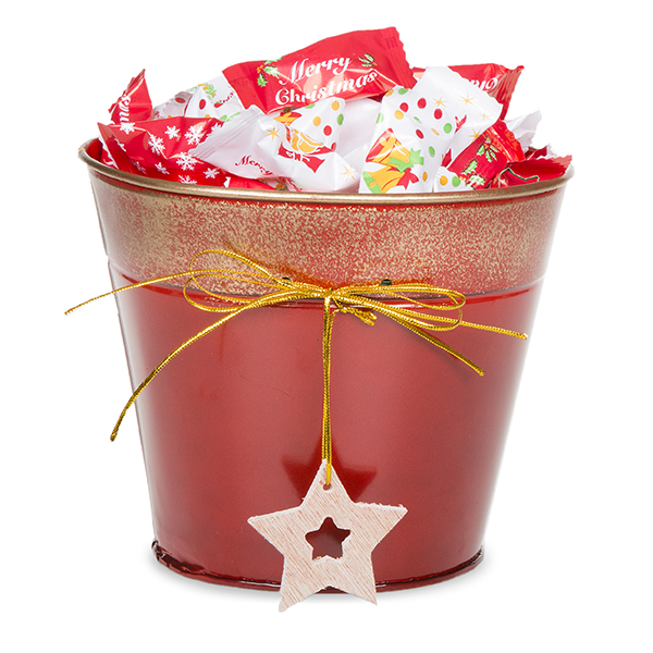 Round Holiday Metal Bucket with Star Ornament - Small 6in