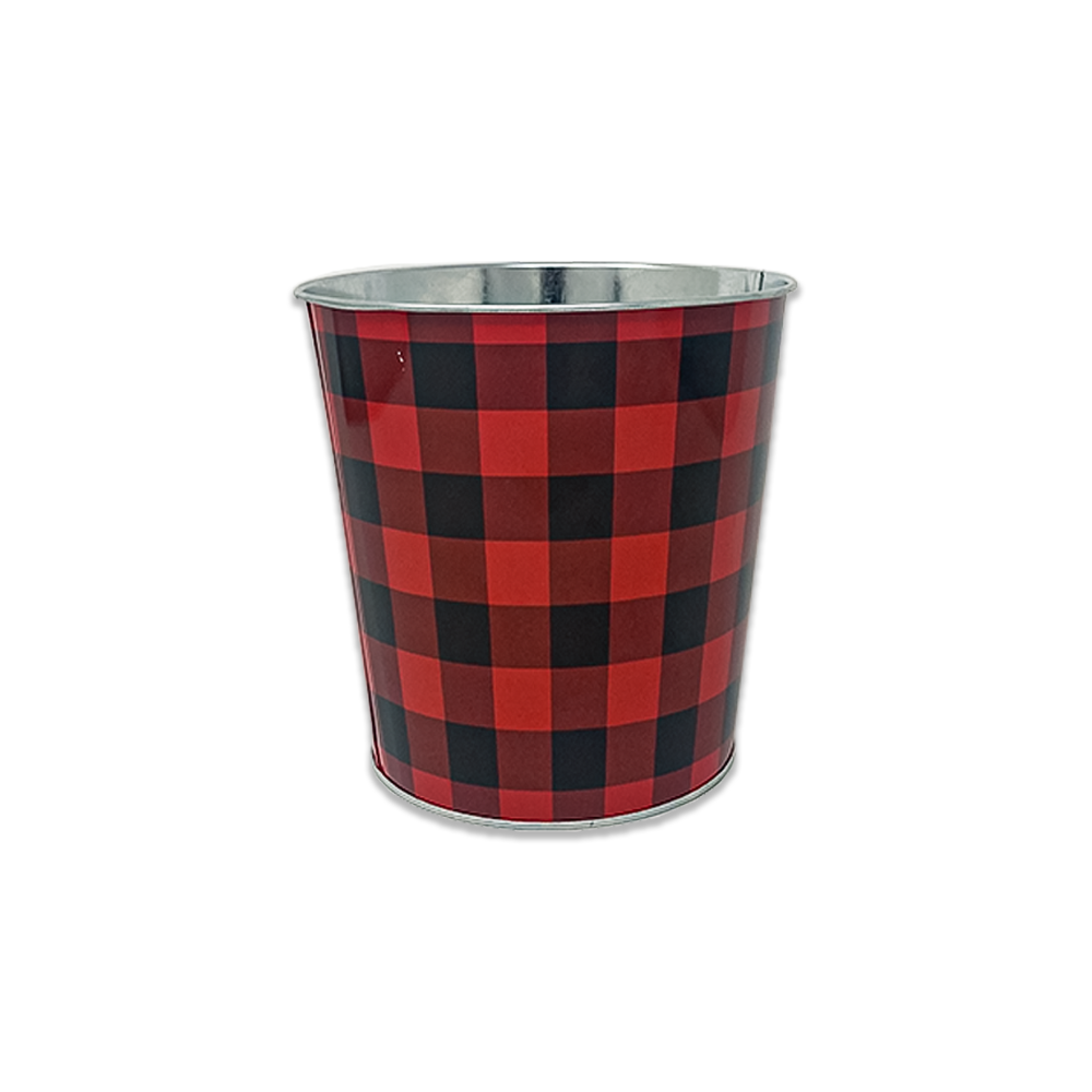 Round Holiday Plaid Metal Bucket -7in