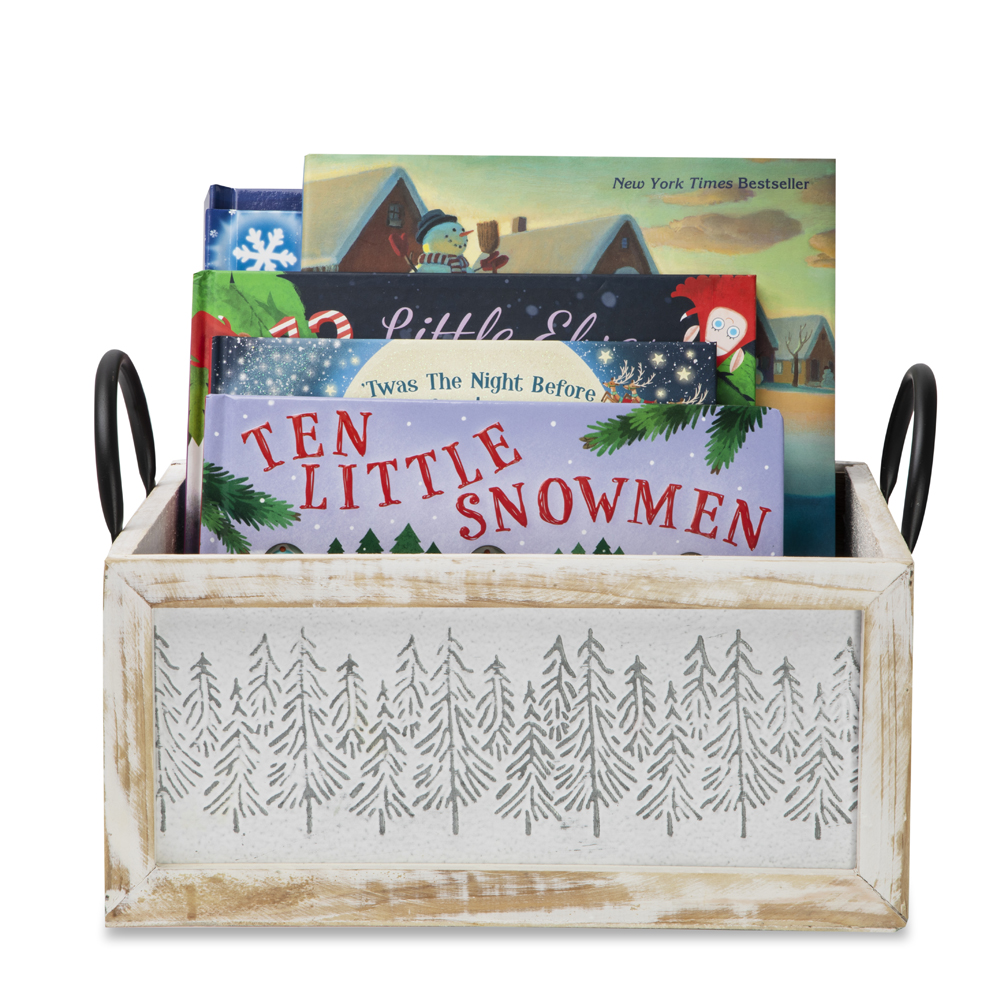 Rect Holiday Tree Wood Handle Basket - 11 in