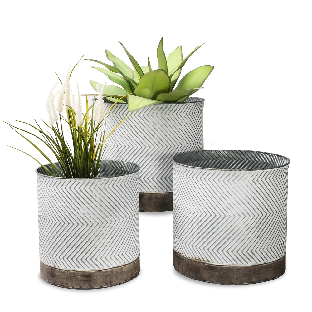 White Container w/ Wooden Base Planter Basket - Set of Three