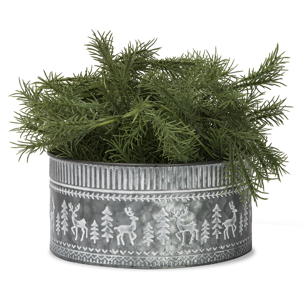 Round Reindeer and Tree Engraved Metal Container - 8 in