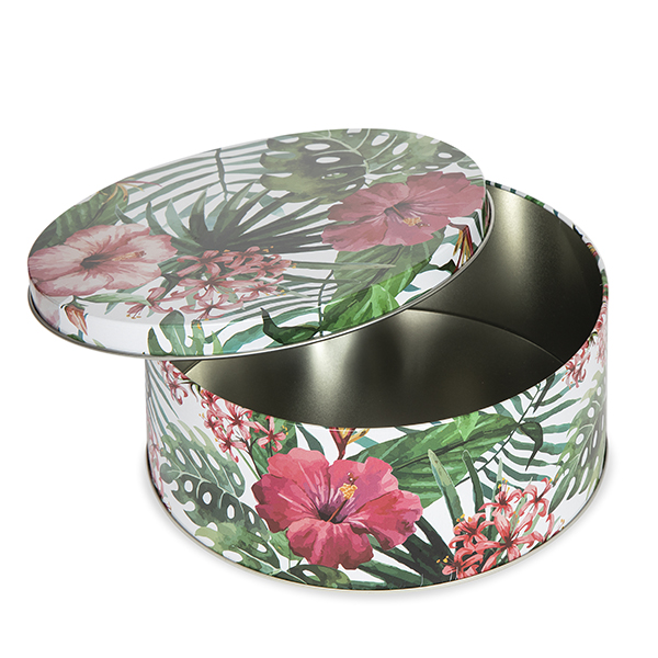 Round Palm & Hibiscus Metal Container with Lid - Small 5in