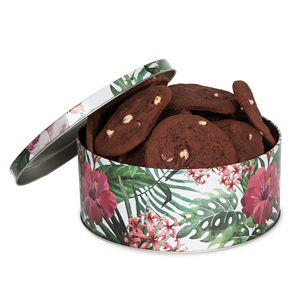 Round Palm & Hibiscus Metal Container with Lid - Med 7in