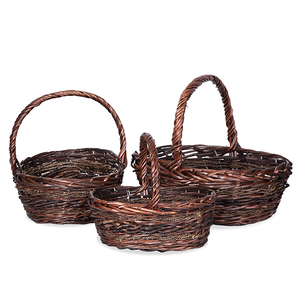 Oblong Willow Sea Grass Rush Handle Basket Dark Brown - Set of 3